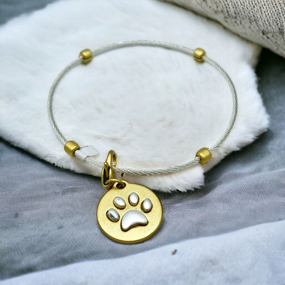 Paw Print Bangle Bracelet Charm Pet Memorial Dog  Silver Cable 3D Paw Gold Heart